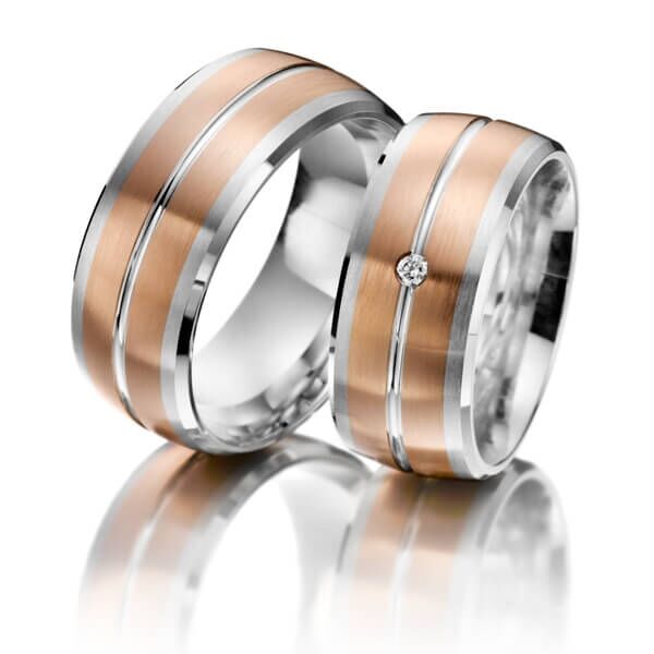 TR0486 model in rood wit mat glans 9 mm roodgouden Trouwringen set kopen bestaande uit een vrouw en mannen ring met of zonder diamanten steen