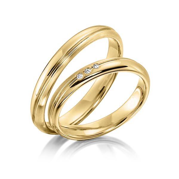 TR0544 model in geel mat glans 3,5 mm Trouwringen geelgoud set kopen bestaande uit een vrouw en mannen ring met of zonder diamanten steen