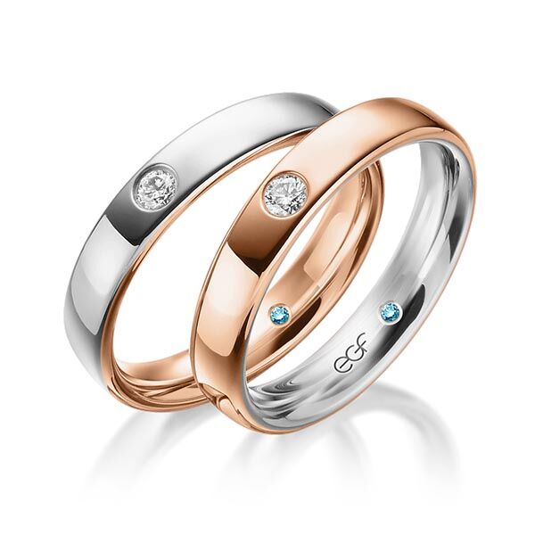 TR0647 model in glanzend rood wit 4 mm Trouwringen roodgoud set kopen bestaande uit een vrouw en mannen ring met of zonder diamanten steen