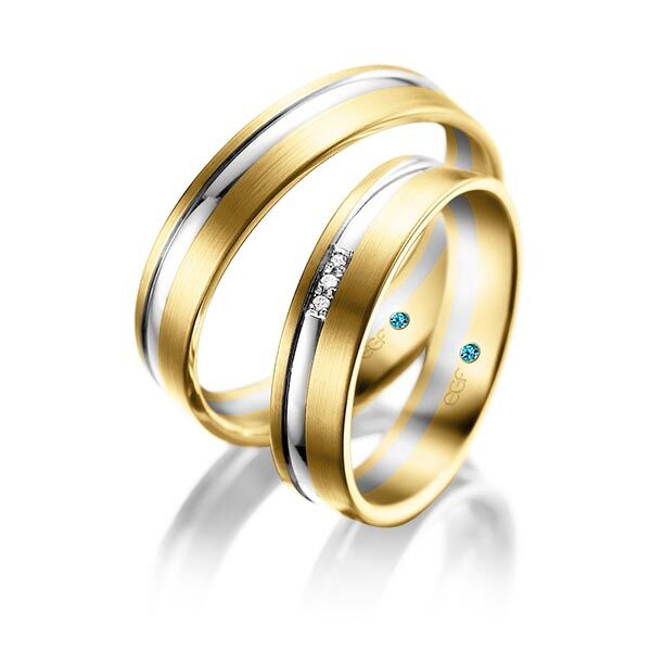 TR0768 model in geel met wit glans mat 5 mm Trouwringen geelgoud set kopen bestaande uit een vrouw en mannen ring met of zonder diamanten steen