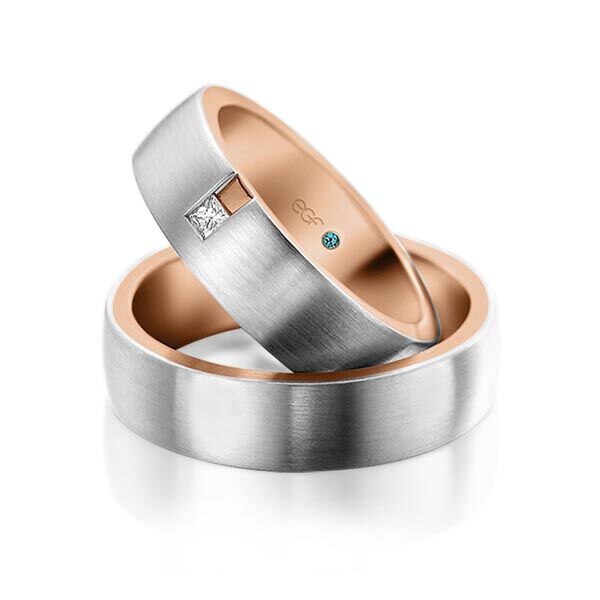 TR0833 model in wit met rood mat 6 mm Trouwringen set kopen bestaande uit een vrouw en mannen ring met of zonder diamanten steen