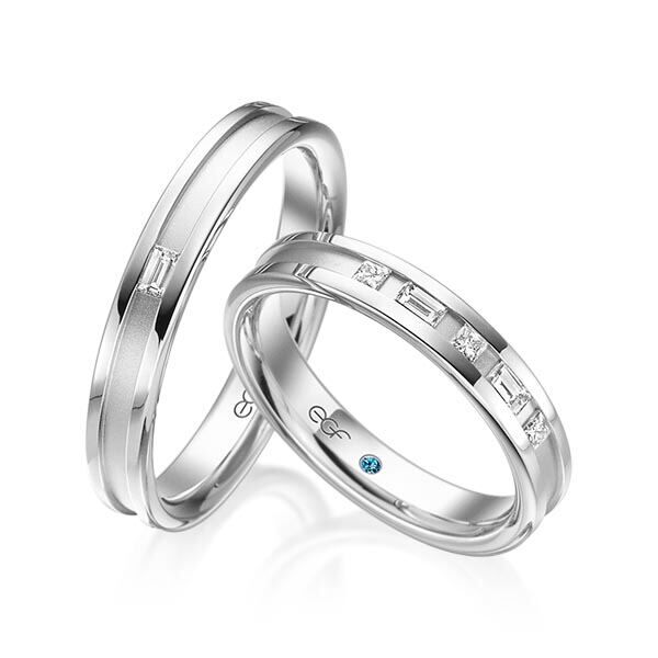 TR0663 model wit glans en mat 4 mm Trouwringen set kopen bestaande uit een vrouw en mannen ring met of zonder diamanten steen