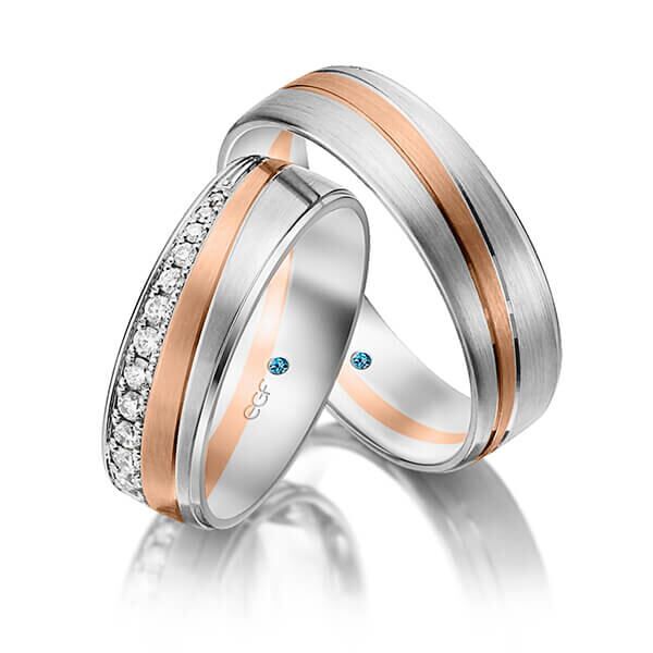 TR0691 model in wit met rood mat 6,5 mm Trouwringen set kopen bestaande uit een vrouw en mannen ring met of zonder diamanten steen