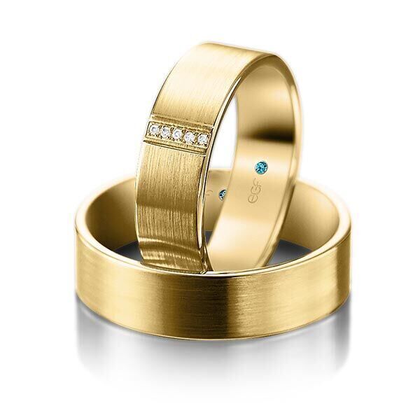 TR0735 model in geel fijn mat 6,5 mm geelgouden Trouwringen set kopen bestaande uit een vrouw en mannen ring met of zonder diamanten steen