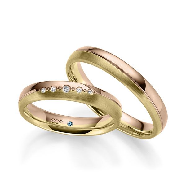 TR0583 model in geel en rood mat glans 4 mm Trouwringen set kopen bestaande uit een vrouw en mannen ring met of zonder diamanten steen