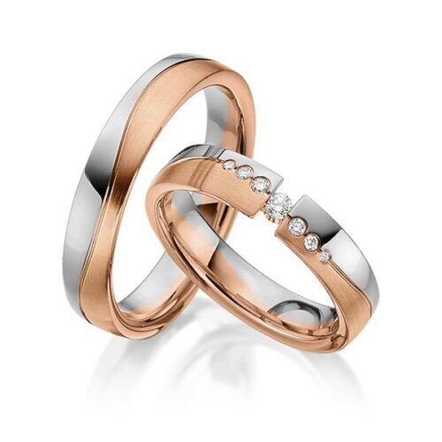 TR0490 model in rood wit mat glans 4,5 mm roodgouden Trouwringen set kopen bestaande uit een vrouw en mannen ring met of zonder diamanten steen