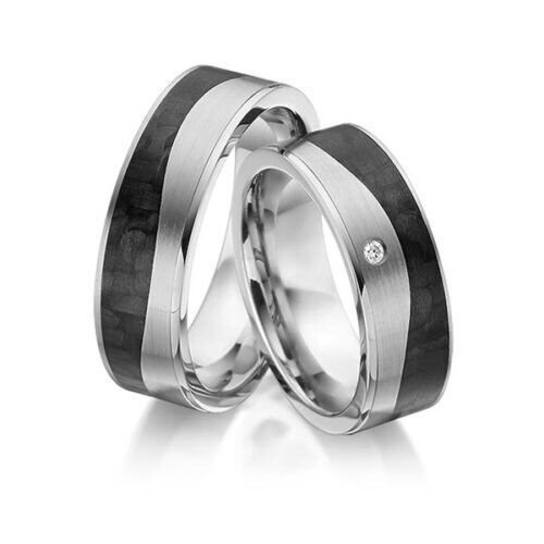 TR0510 model in grijs zwart 7 mm carbon Trouwringen set kopen bestaande uit een vrouw en mannen ring met of zonder diamanten steen
