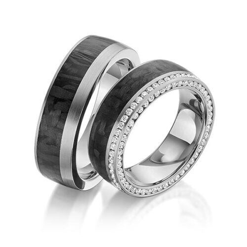 TR0524 model in mat grijs zwart 7 mm carbon Trouwringen set kopen bestaande uit een vrouw en mannen ring met of zonder diamanten steen
