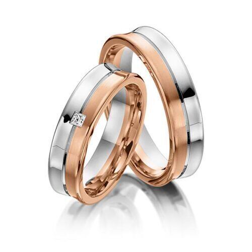 TR0538 model in rood wit glans mat 5 mm Trouwringen roodgoud set kopen bestaande uit een vrouw en mannen ring met of zonder diamanten steen