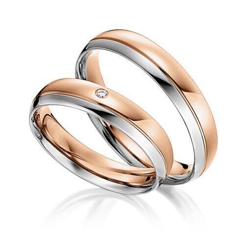 TR0553 model in rood wit glanzend 4 mm Trouwringen roodgoud set kopen bestaande uit een vrouw en mannen ring met of zonder diamanten steen