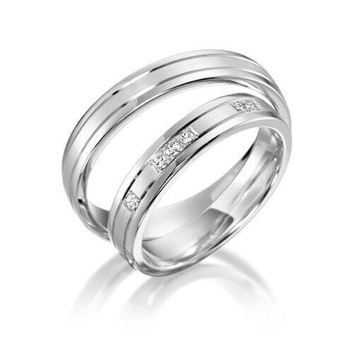 TR0555 model in mat en glans wit 4 mm Trouwringen set kopen bestaande uit een vrouw en mannen ring met of zonder diamanten steen