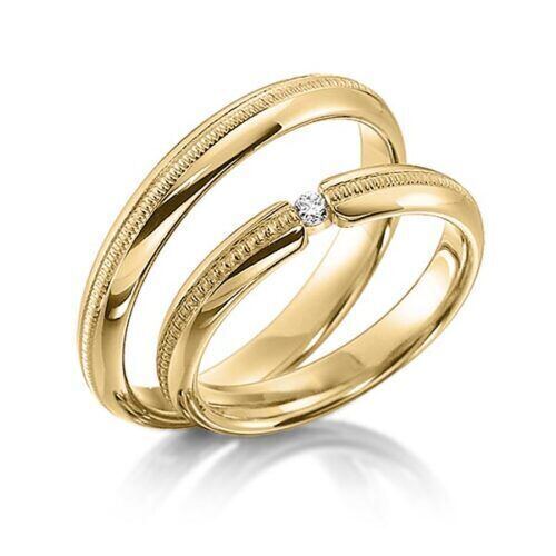 TR0566 model in geel glanzend 3,5 mm Trouwringen geelgoud set kopen bestaande uit een vrouw en mannen ring met of zonder diamanten steen