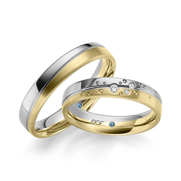 TR0600 model in wit en geel mat glans 4,5 mm Trouwringen set kopen bestaande uit een vrouw en mannen ring met of zonder diamanten steen