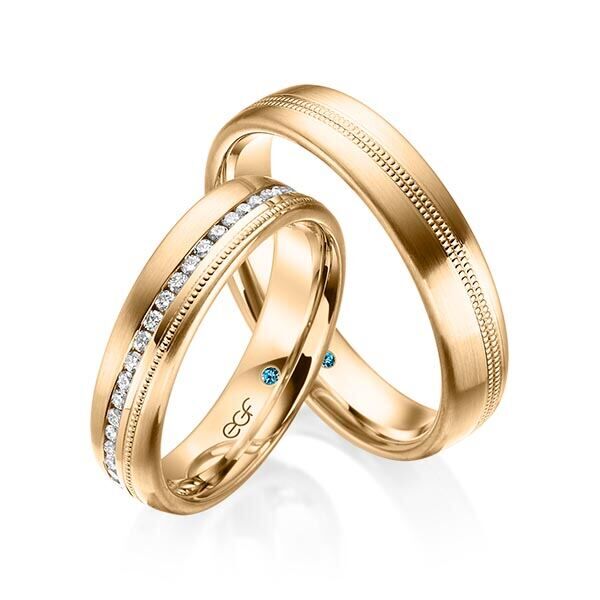 TR0645 model in mat en glans rosé goud 5 mm Trouwringen set kopen bestaande uit een vrouw en mannen ring met of zonder diamanten steen