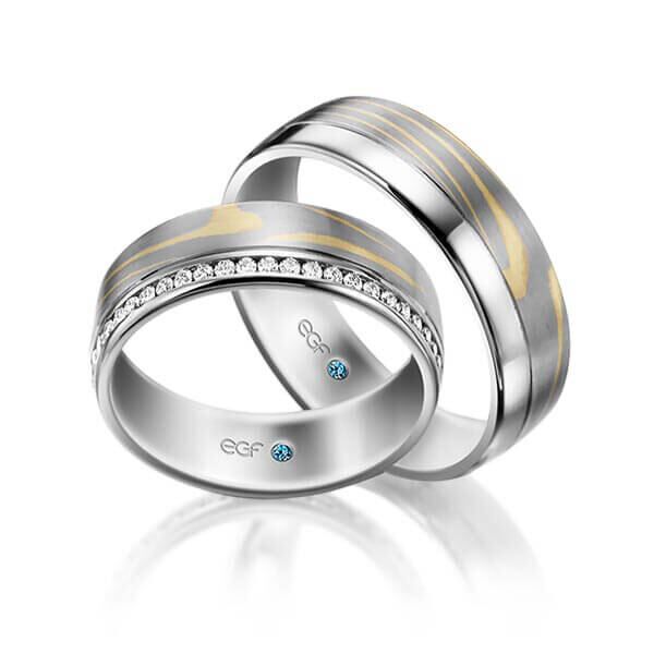 TR0674 model in grijs wit met groen 6,5 mm Trouwringen set kopen bestaande uit een vrouw en mannen ring met of zonder diamanten steen