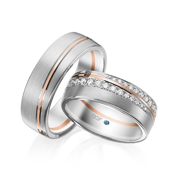 TR0665 model in wit met rood mat glans 7 mm Trouwringen set kopen bestaande uit een vrouw en mannen ring met of zonder diamanten steen