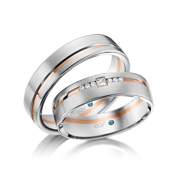 TR0814 model in wit met rood mat glans 5,5 mm Trouwringen set kopen bestaande uit een vrouw en mannen ring met of zonder diamanten steen