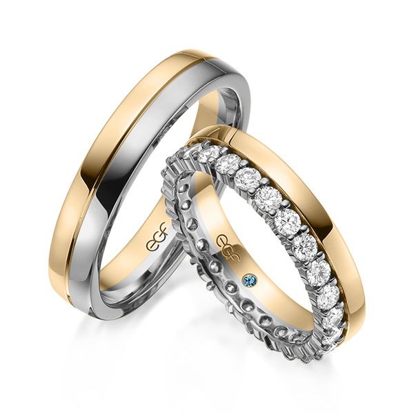 TR0586 model in rosé en wit glans 5 mm Trouwringen set kopen bestaande uit een vrouw en mannen ring met of zonder diamanten steen