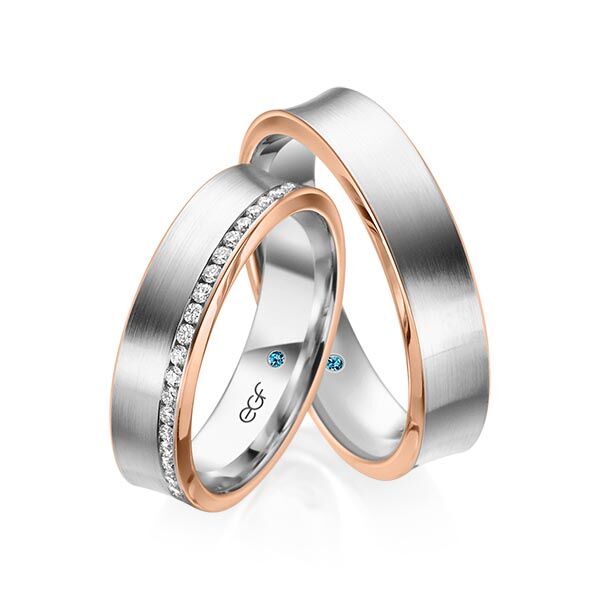 TR0650 model in wit met rood mat glans 5,5 mm Trouwringen set kopen bestaande uit een vrouw en mannen ring met of zonder diamanten steen