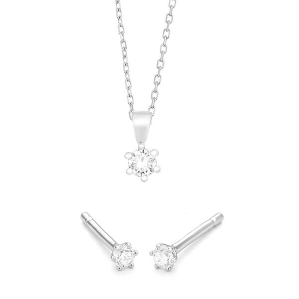 WGS0012E18 | Princess set | 0,15 ct | Witgoud | 18 karaat Sieraden set uit oorbellen en een hanger met briljant geslepen diamanten