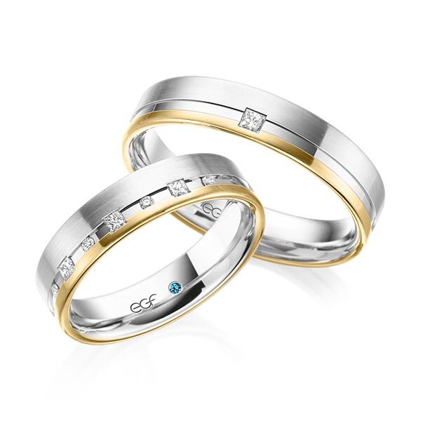 TR0664 model in wit met geel mat glans 5 mm Trouwringen set kopen bestaande uit een vrouw en mannen ring met of zonder diamanten steen