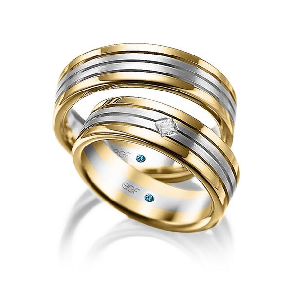 TR0820 model in geel en wit glans mat 6,5 mm Trouwringen set kopen bestaande uit een vrouw en mannen ring met of zonder diamanten steen